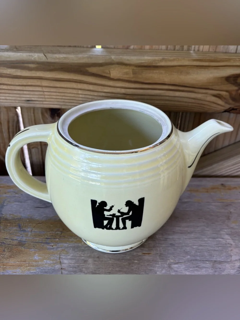 Vintage 1930s Hall Five Band Teapot, No Lid, Silhouette Pattern